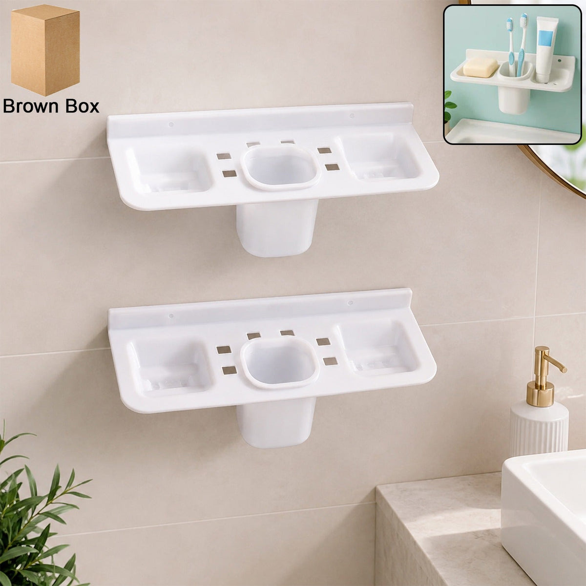 Two-piece plastic soap dish with drainage tray and integrated toothbrush holder in a bathroom. Main image