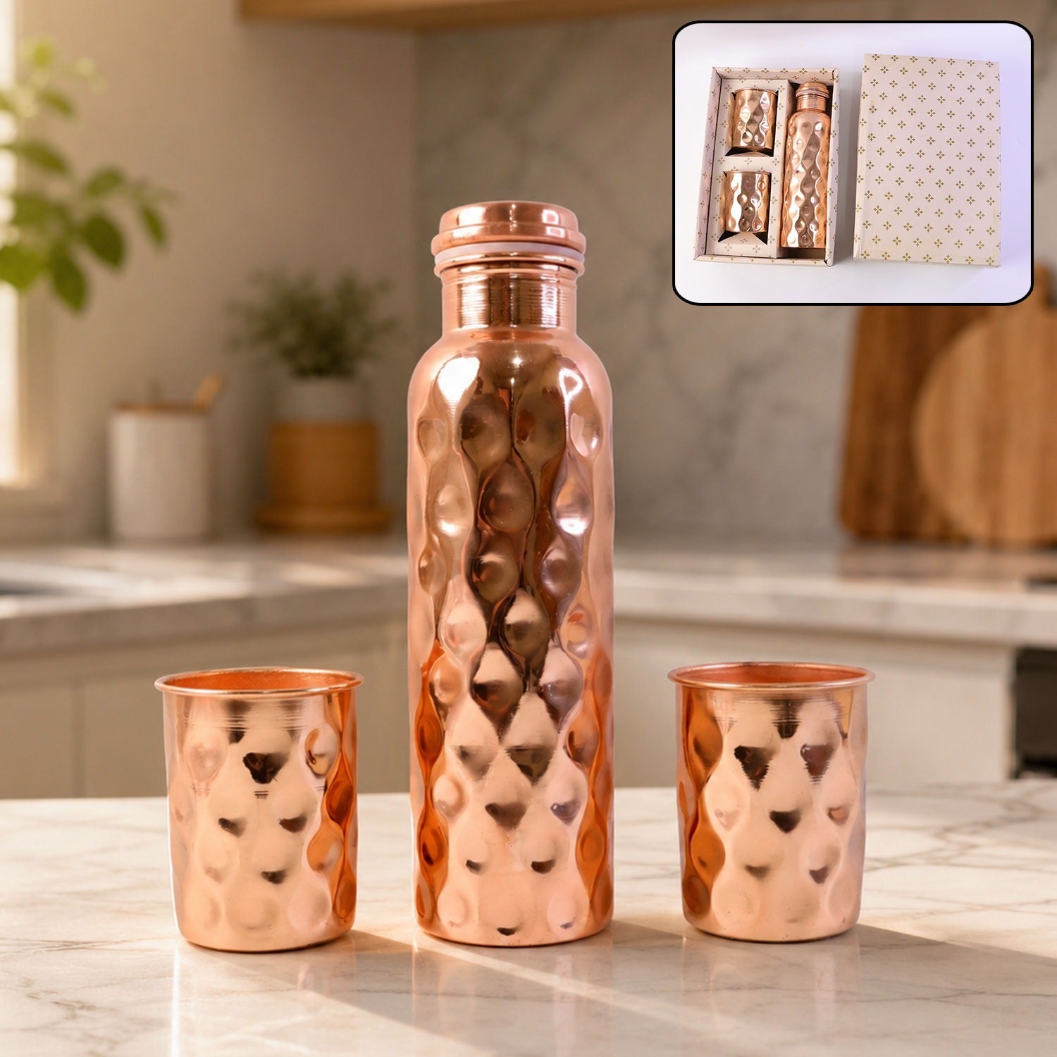 Copper Water Bottle Set – Diamond Cut & 2 Glasses | Own Hydrate Secondary image