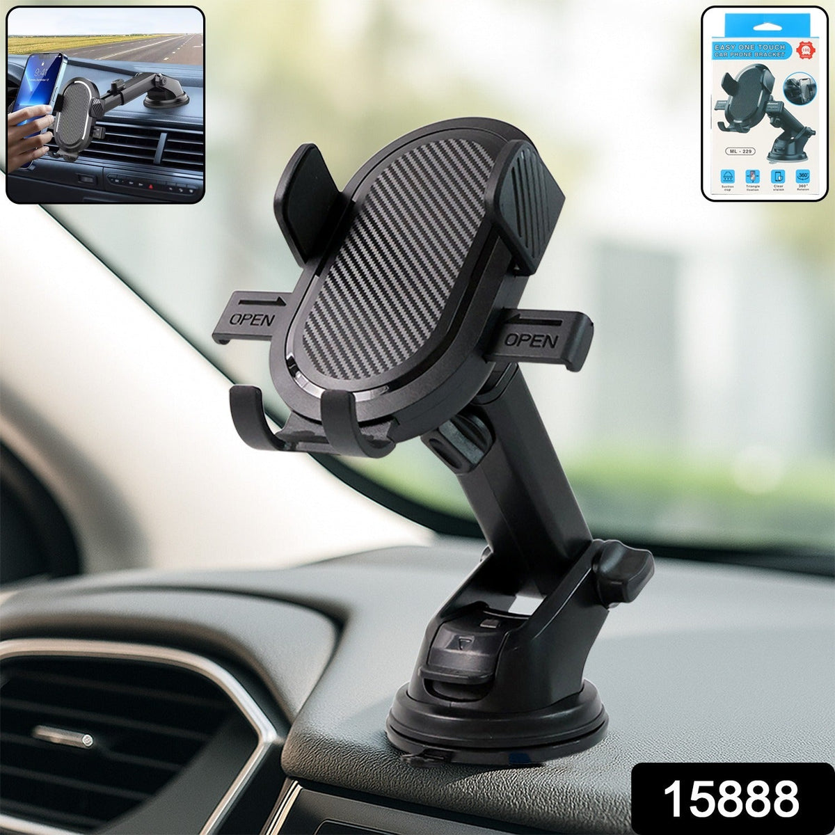 Car mobile holder with one-touch lock and suction mount on dashboard Main image