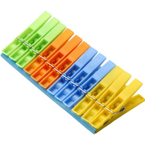 Vibrant multicolour cloth clips, a 12-piece set for effective laundry drying. Main image