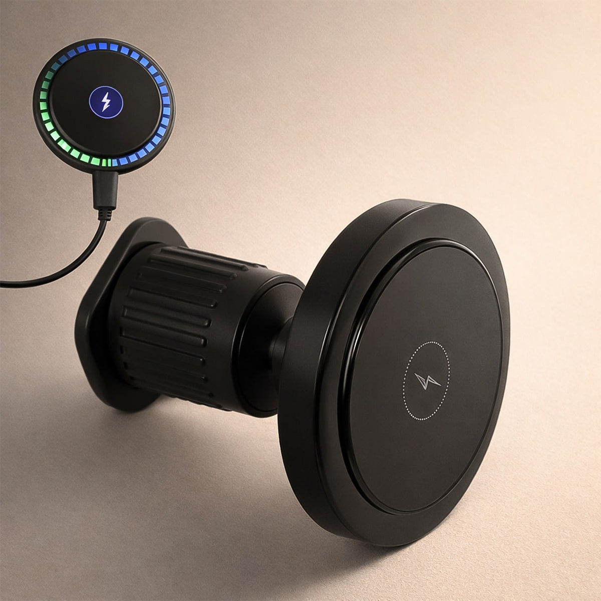 Magnetic car charger with music reactive RGB lights mounted on a dashboard. Main image
