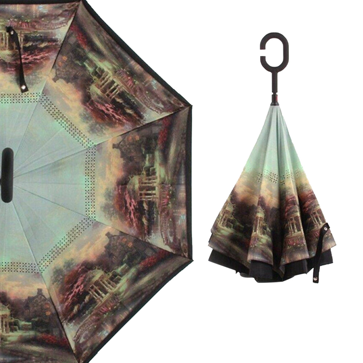 A reverse umbrella with a dark landscape painting on its inner surface, shown both partially open and closed. Main image