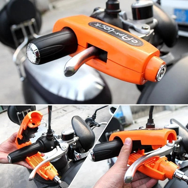 Heavy-duty bike brake lock securely attached to a motorcycle handlebar. Main image