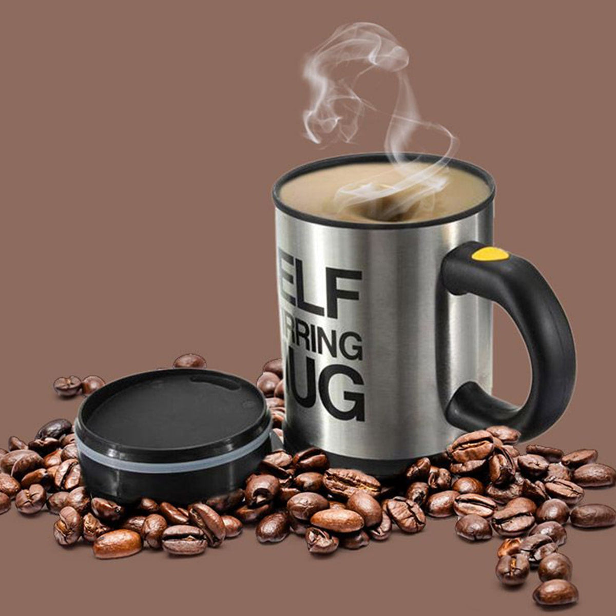 A sleek black Self Stirring Mug with a lid, showcasing its automatic mixing function for beverages. Main image