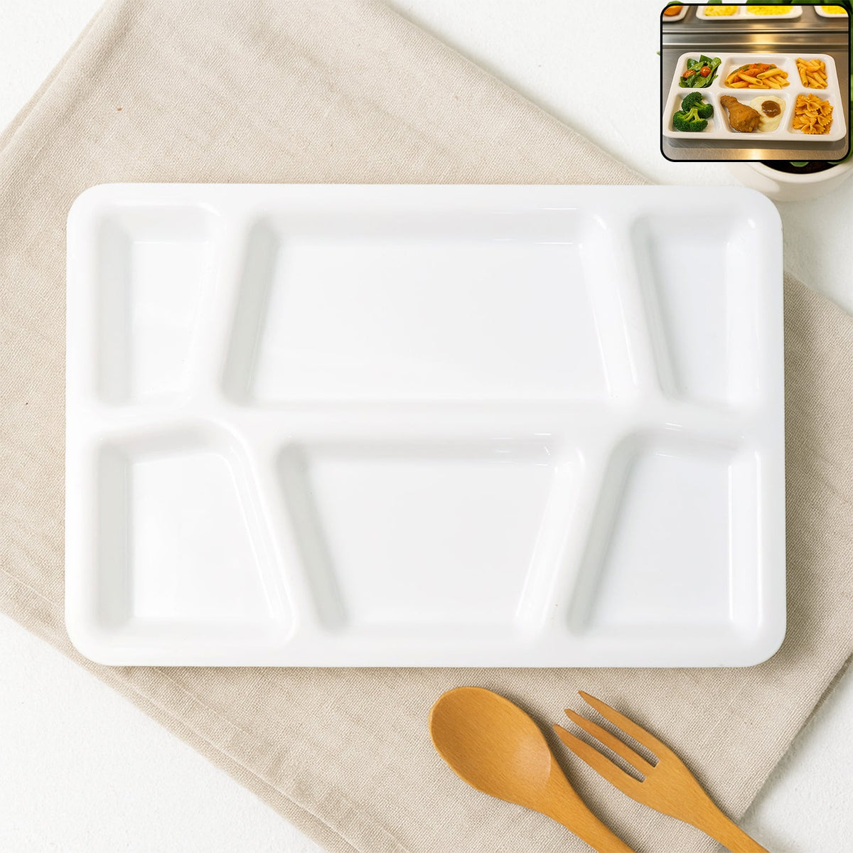 White plastic multi-compartment meal serving tray with 6 sections for portioned dining. Main image