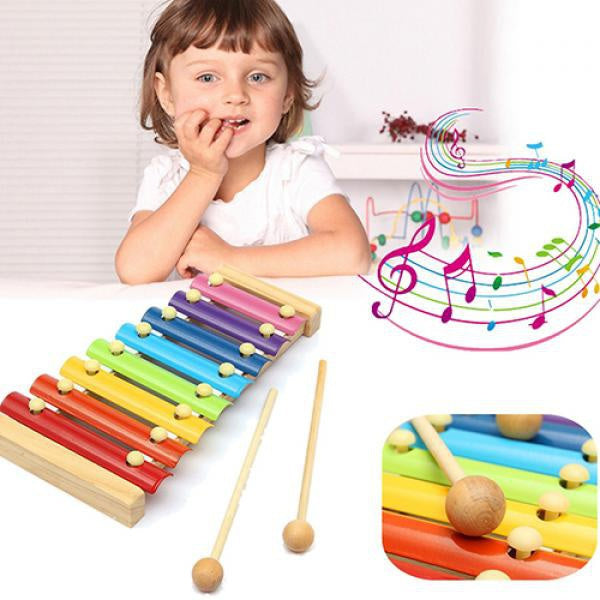 Colorful wooden xylophone toy with 8 metal keys and a mallet, perfect for kids. Main image