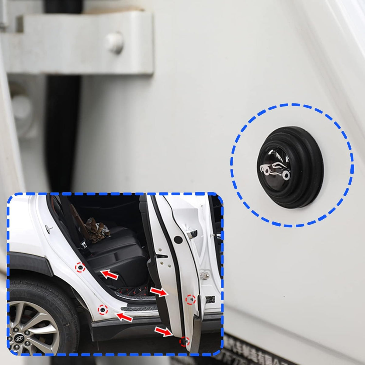 Car door protector discreetly installed on a car door edge to prevent dents. Main image