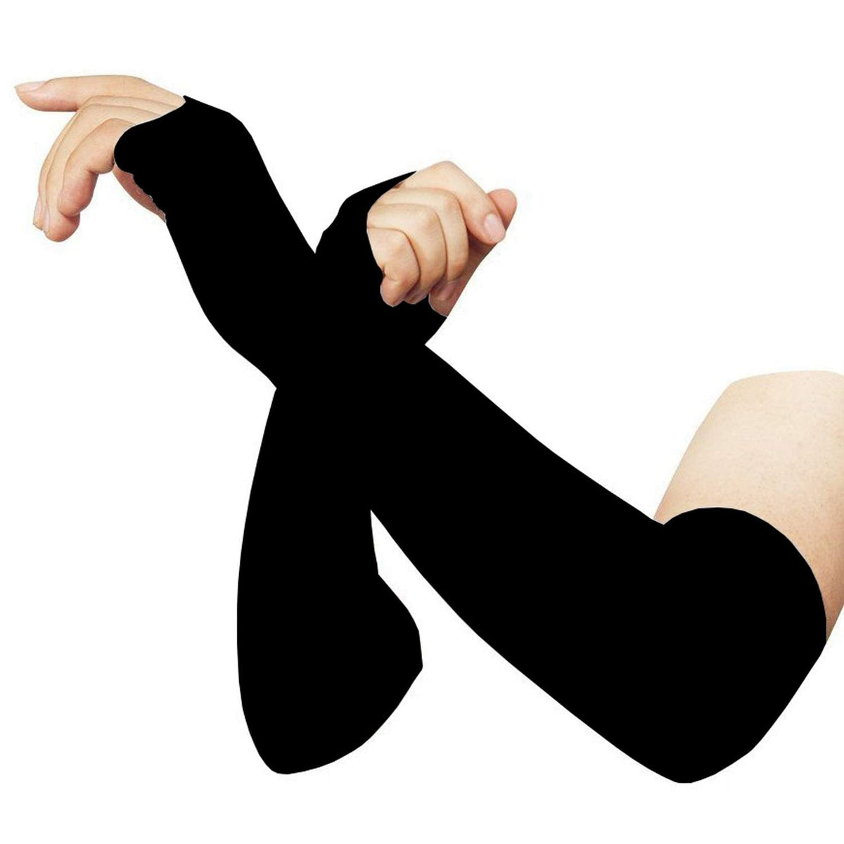 Person wearing black compression arm sleeves for sun protection during outdoor activity. Main image