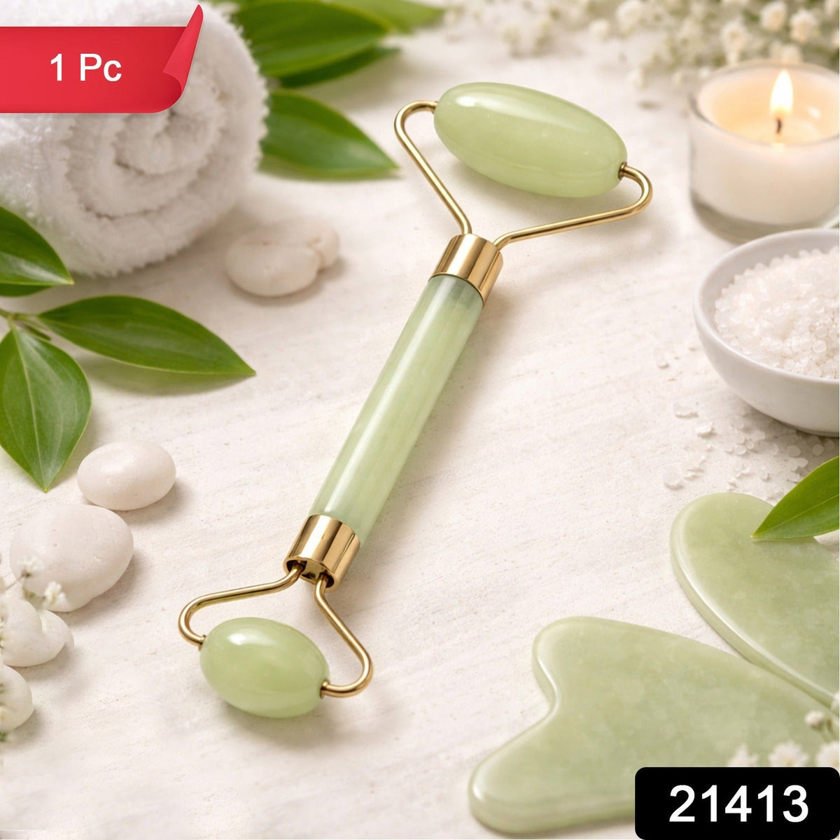 Person using double head face roller for gentle cheek massage Main image