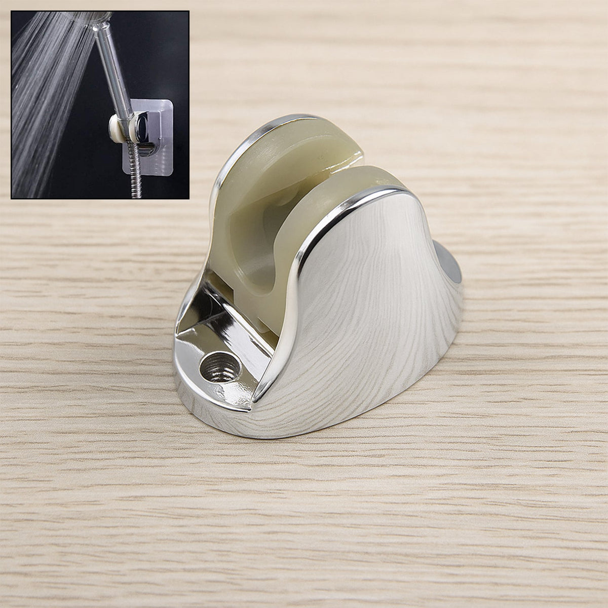 Adjustable hand shower holder with fixing screws in a modern bathroom. Main image