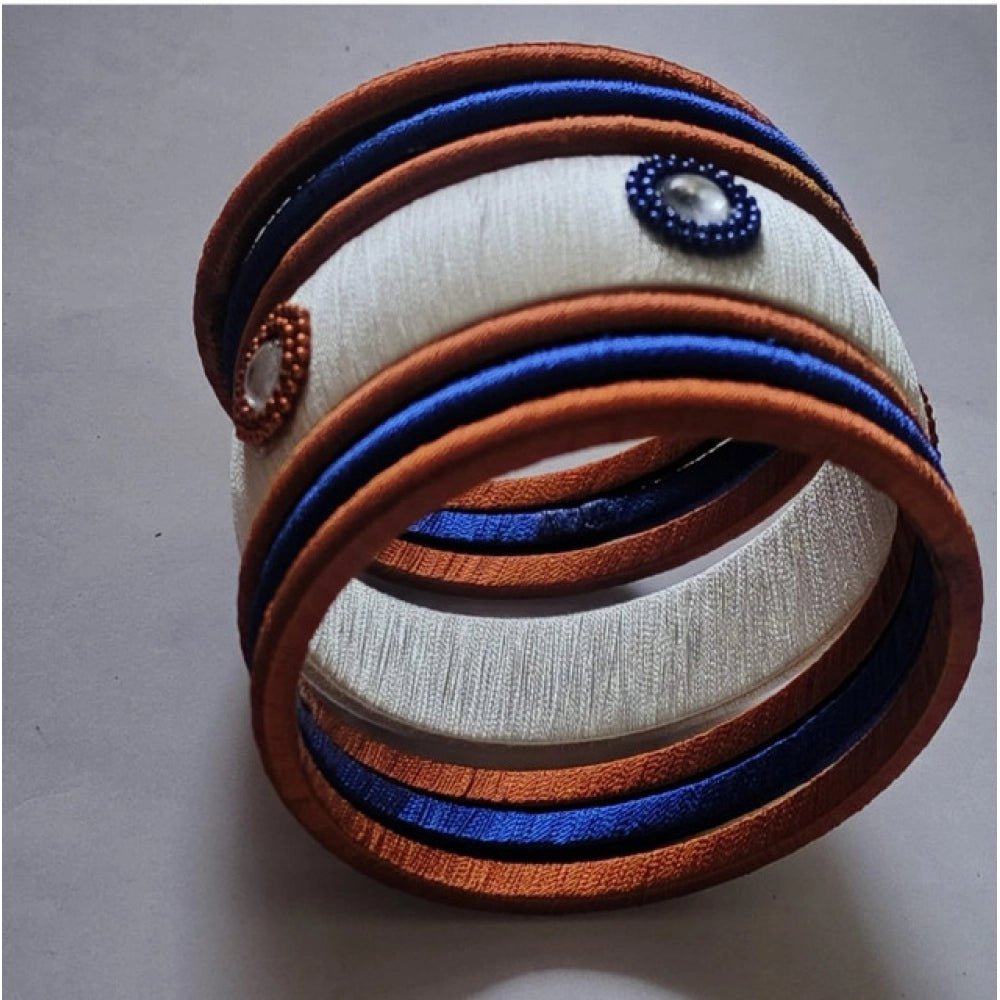 Generic Women's Plastic Silk Thread Bangles (White-Brown-Blue, Size: 2.8) Secondary image