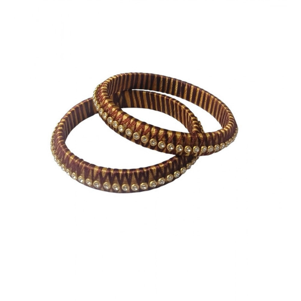 Generic Women's Plastic Silk Thread Bangles (Gold-Dark Brown, Size: 2.6) Main image