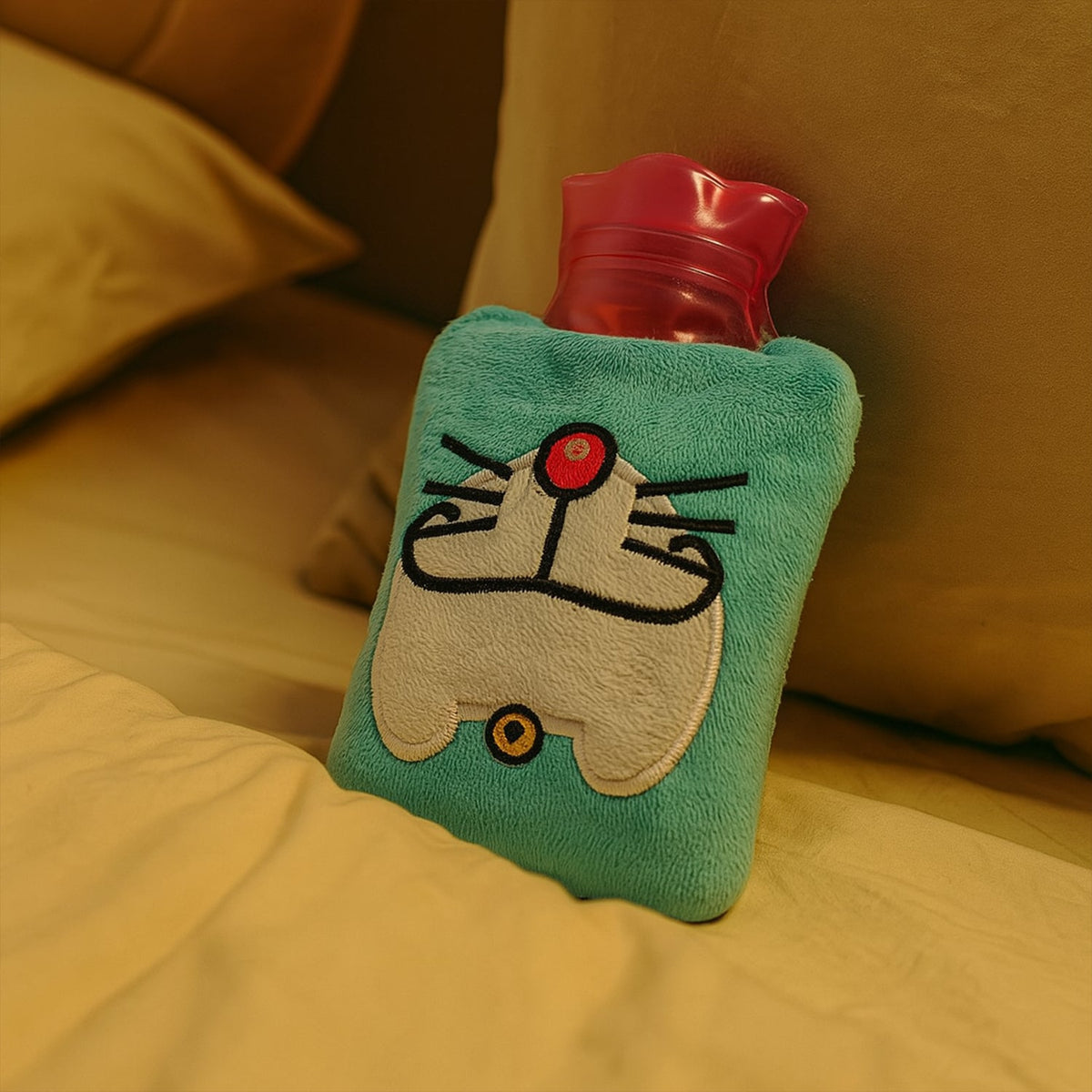 Doremon hot water bag with a soft blue cover, front view. Main image