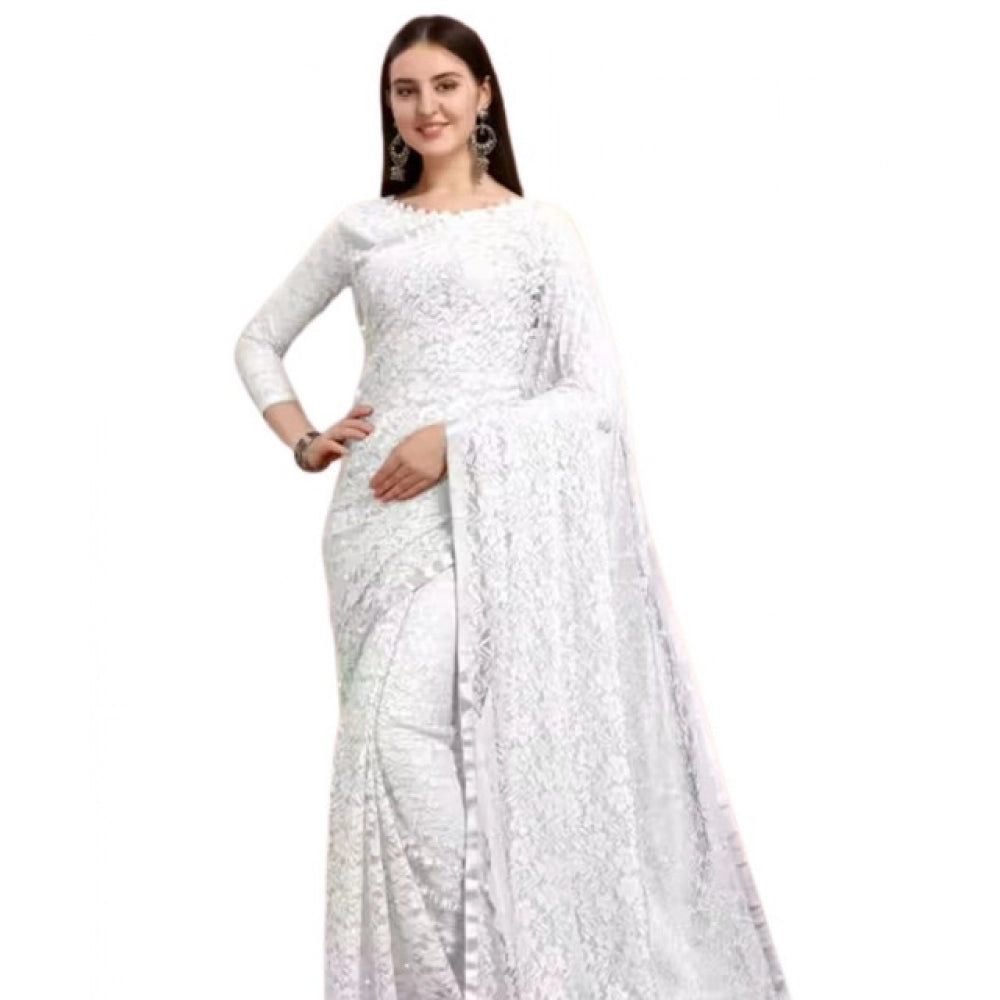 Generic Women's Net Self Design Saree With Unstitched Blouse 5.5Mtr (White) Secondary image