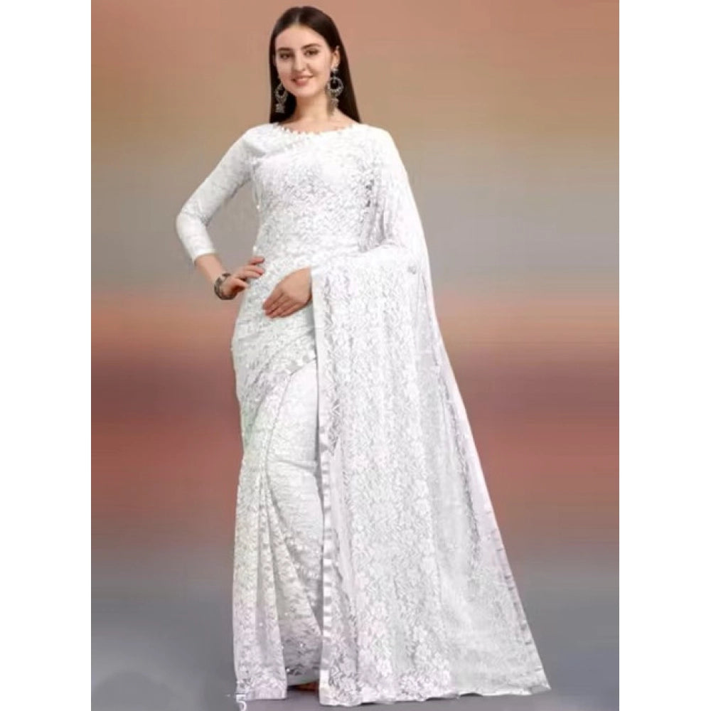 Generic Women's Net Self Design Saree With Unstitched Blouse 5.5Mtr (White) Main image