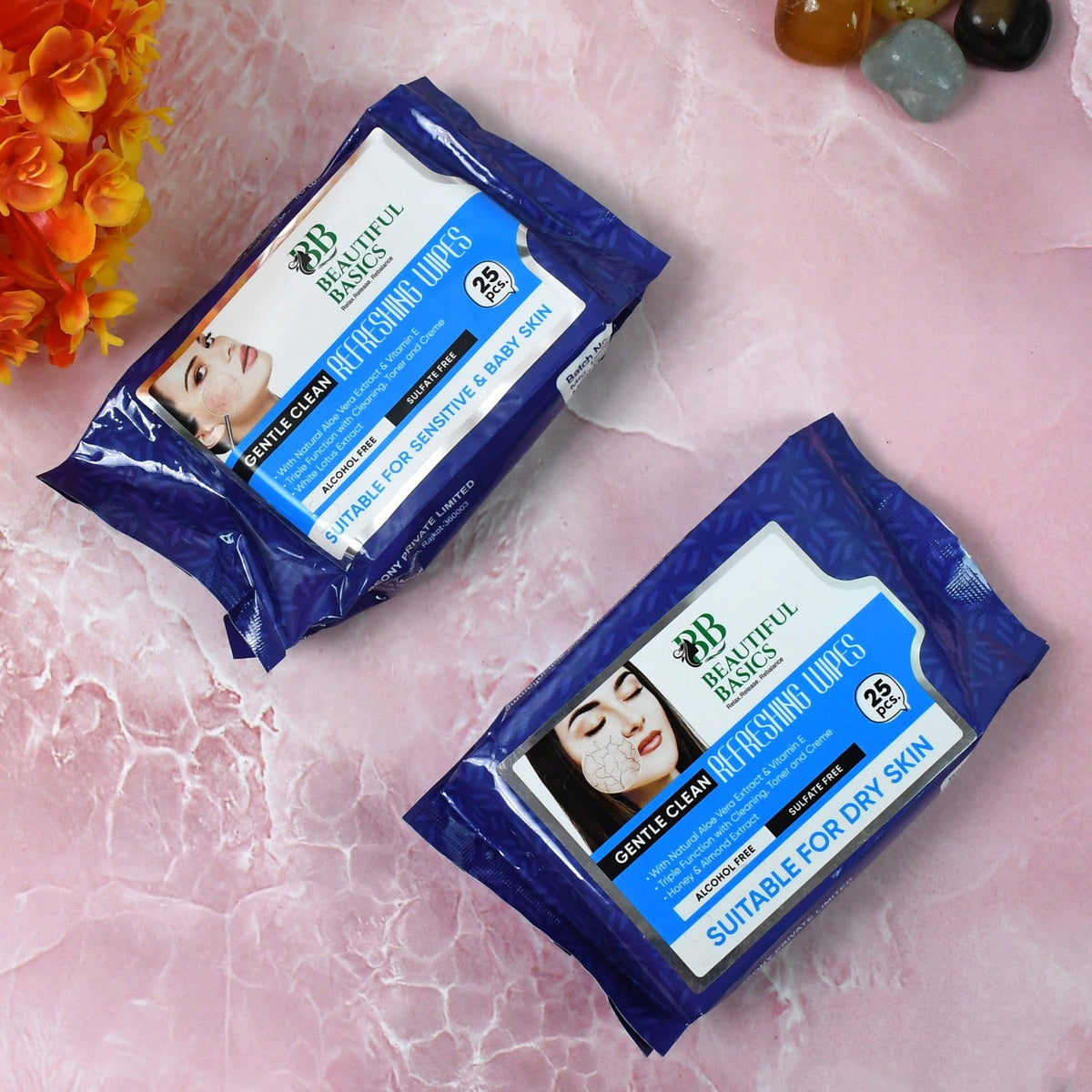 Beautiful Basics Dry & Sensitive Skin Face Wipes twin pack for gentle cleansing. Main image