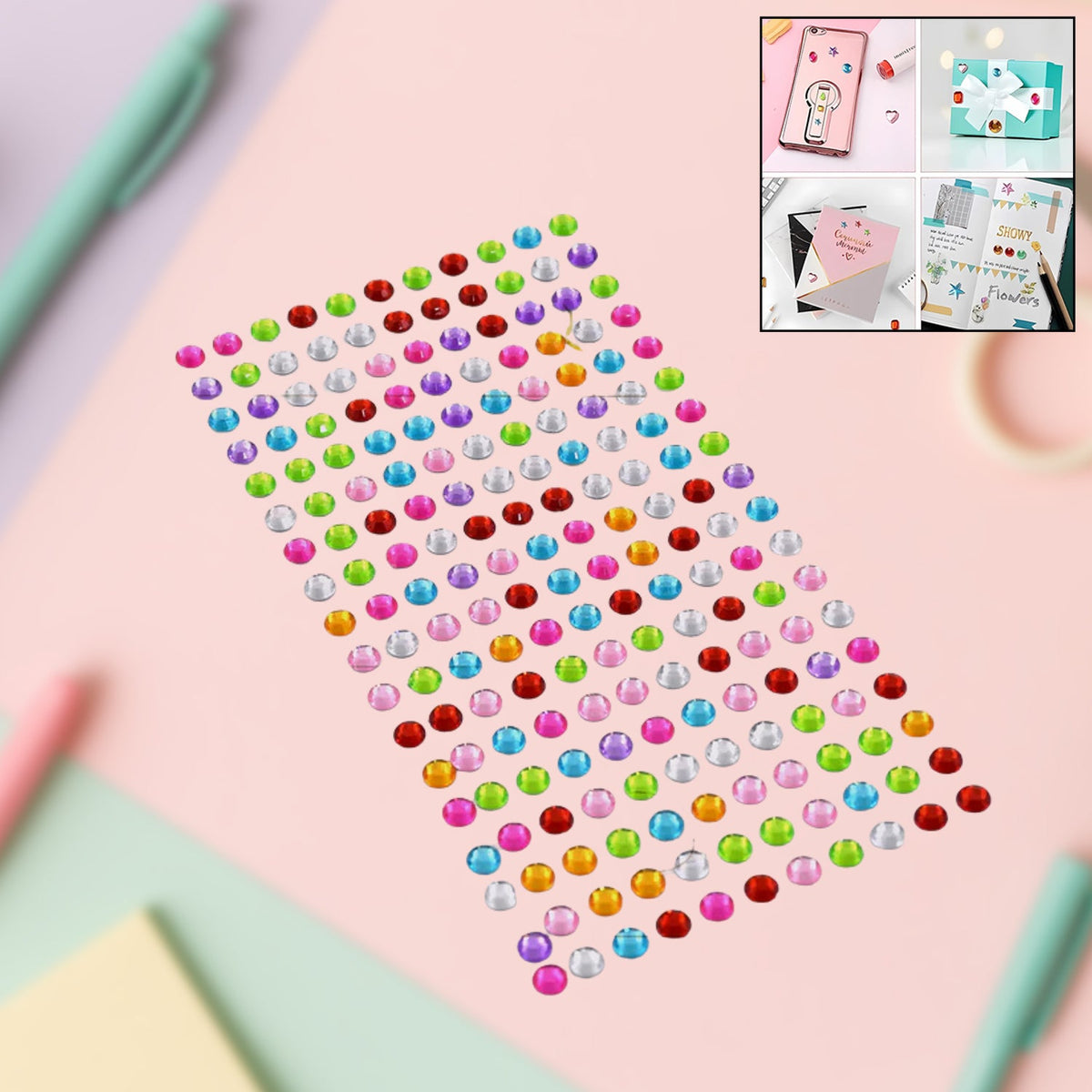 Sheet of multi-size self adhesive crystal stickers with various shapes. Main image