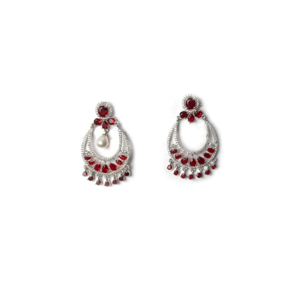 Generic Women's Brass Silver Plated Chandbali Earrings (Red) Secondary image
