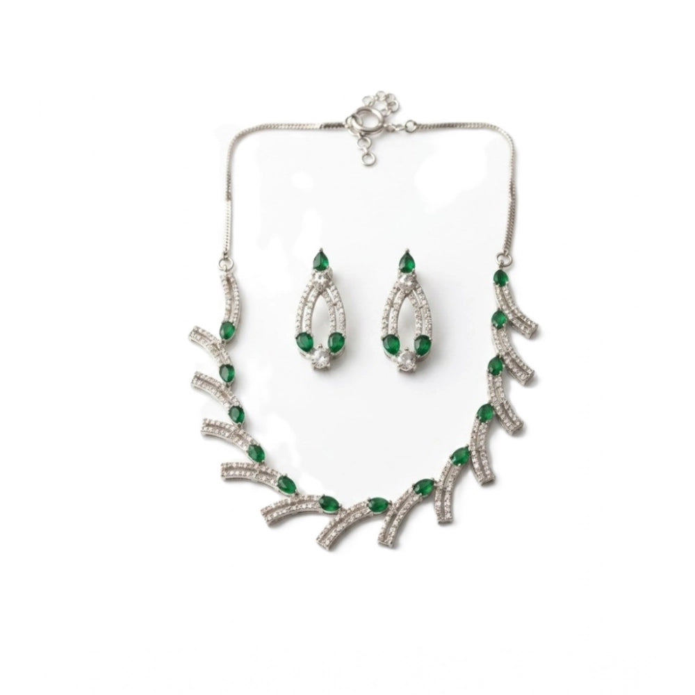 Generic Women's Brass Silver Plated Necklace set (Green) Secondary image