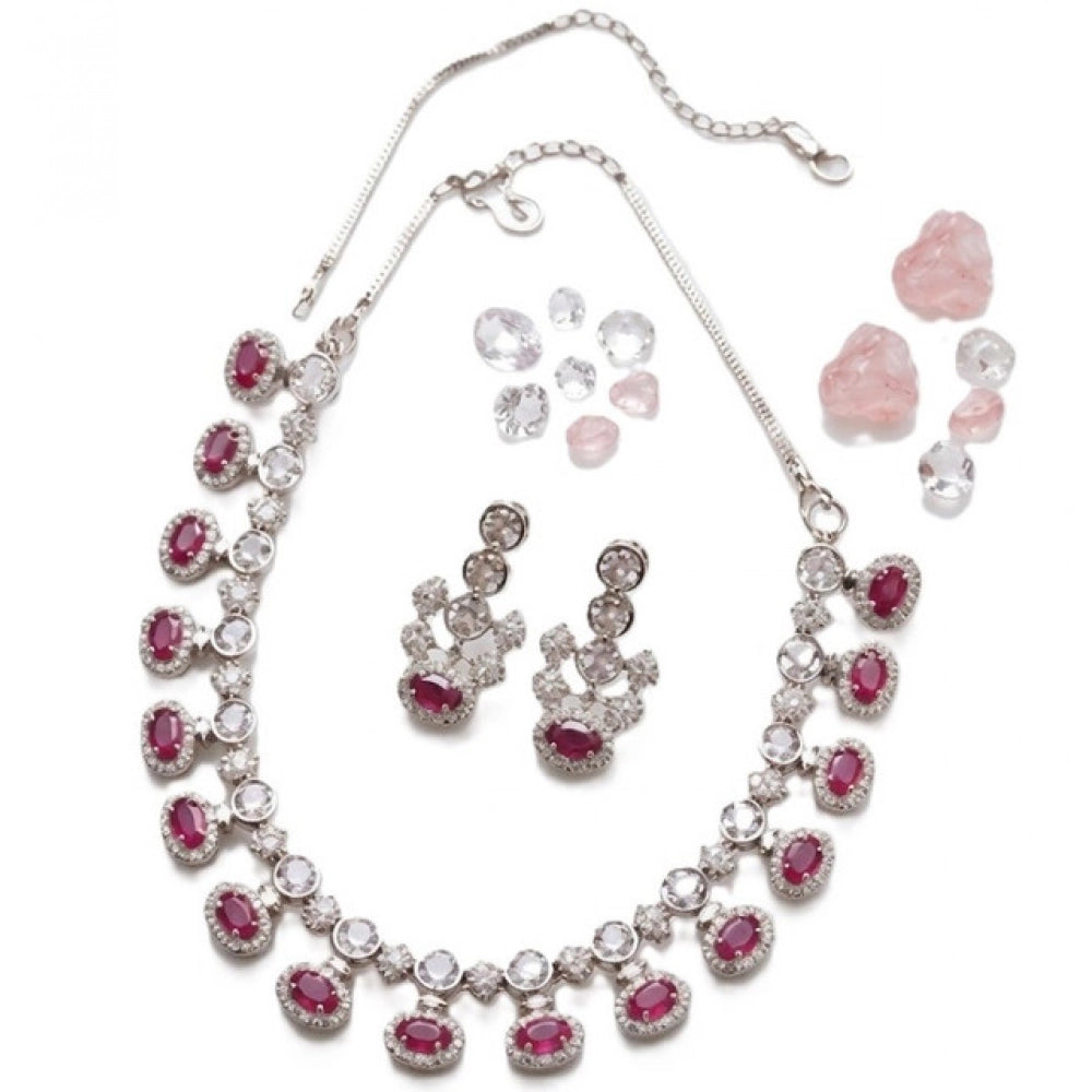 Generic Women's Brass Silver Plated Necklace set (Pink) Secondary image