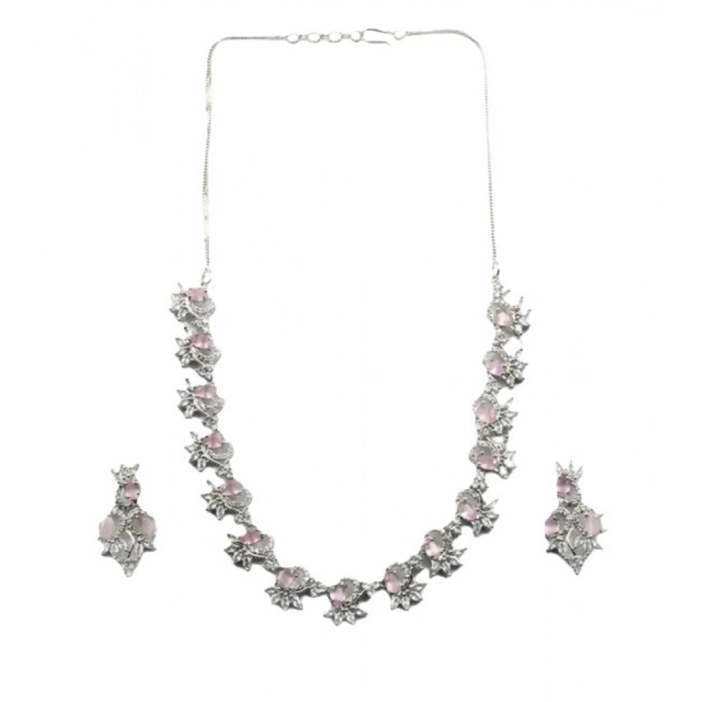 Generic Women's Brass Silver Plated Necklace set (Pink) Secondary image