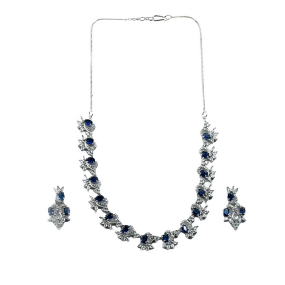 Generic Women's Brass Silver Plated Necklace set (Blue) Secondary image