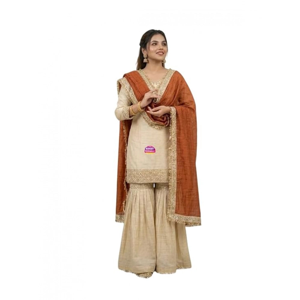 Generic Women's Silk Embroidered 3/4th Sleeve V-Neck Kurti With Sharara Pant and Dupatta Set (Cream &amp; Orange) Secondary image