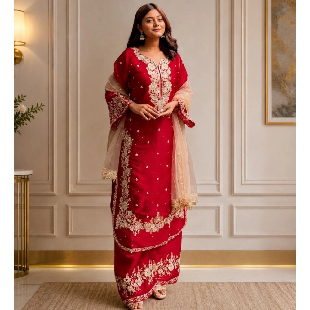 Generic Women's Silk Embroidered 3/4th Sleeve Round Readymade Kurti With Palazzo Pant and Dupatta Set (Red) Main image