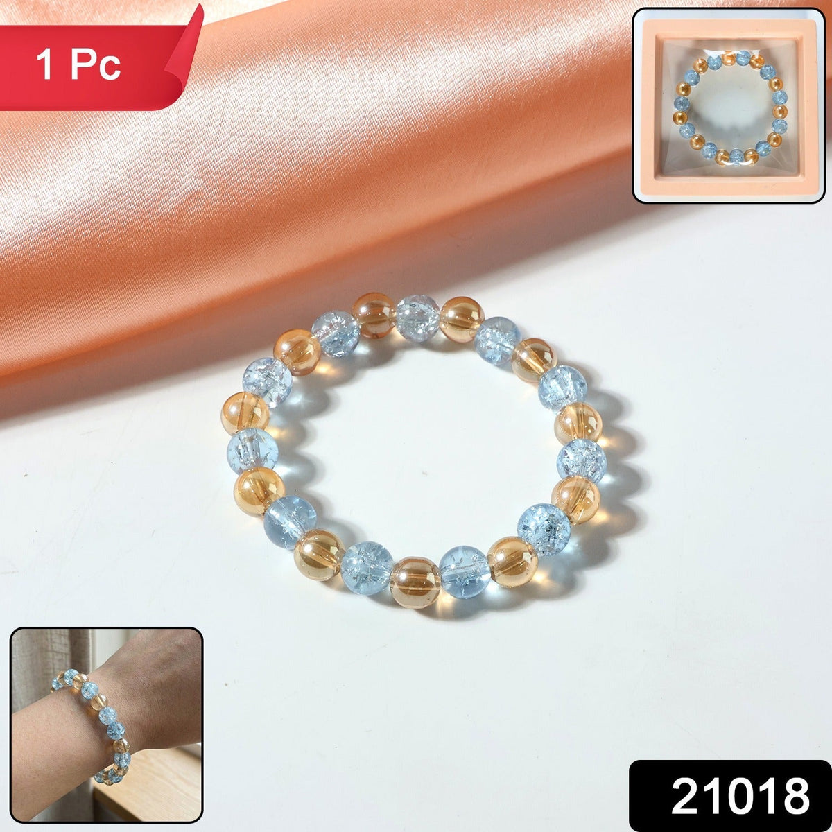 Dual-tone crystal beaded stretch bracelet with glossy transparent beads Main image