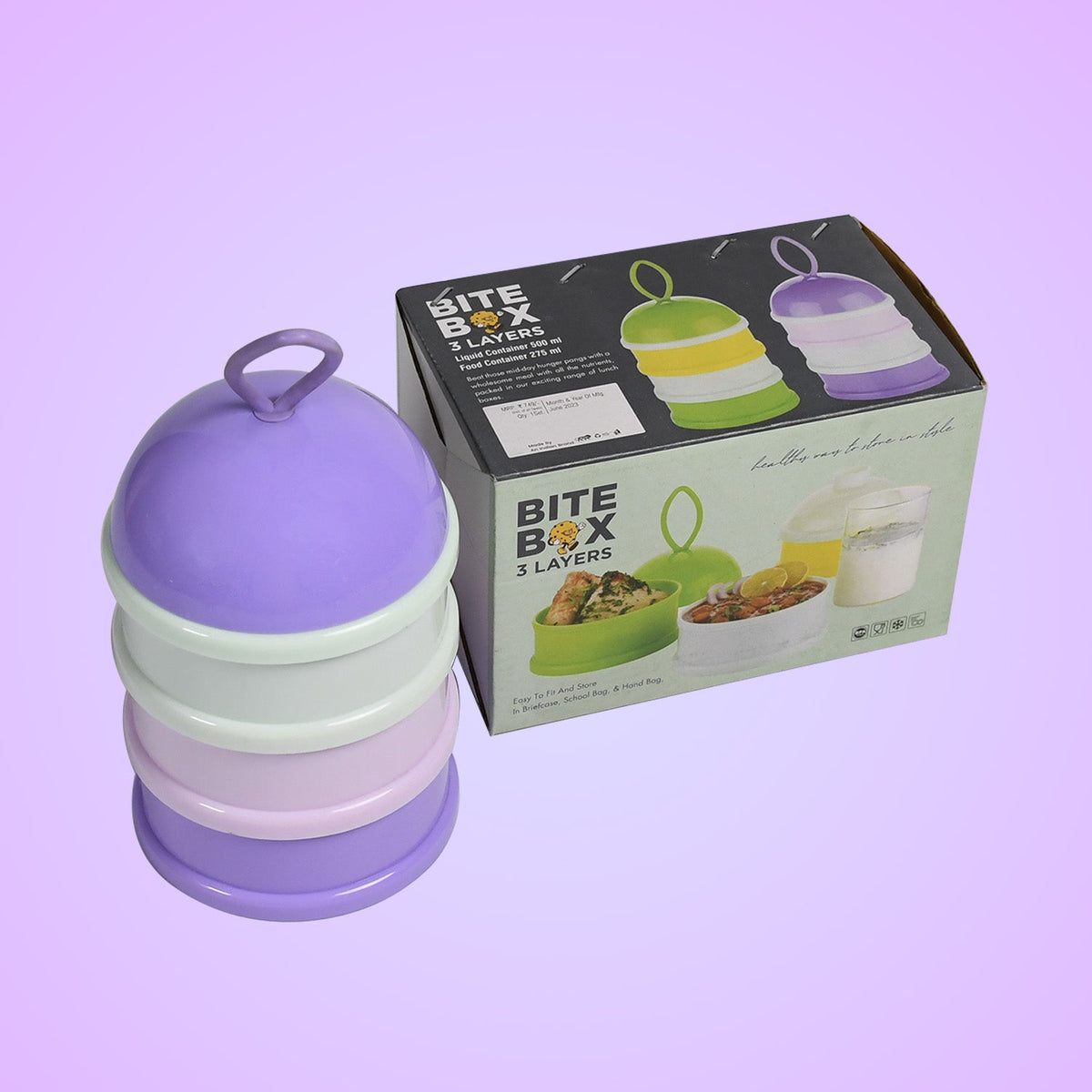 Purple 3-layer baby food storage box by Mini Bubbles, showing its stackable design. Main image