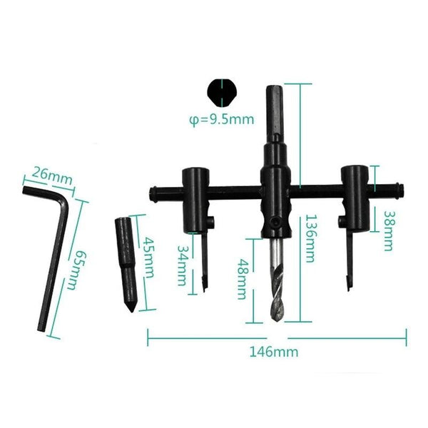 All components of the adjustable circle hole saw kit laid out.