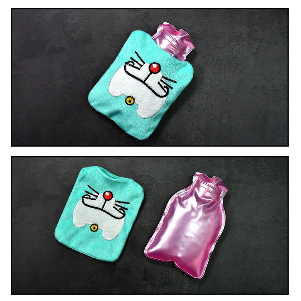 Side view of the portable Doremon hot water bag, showing its compact size.