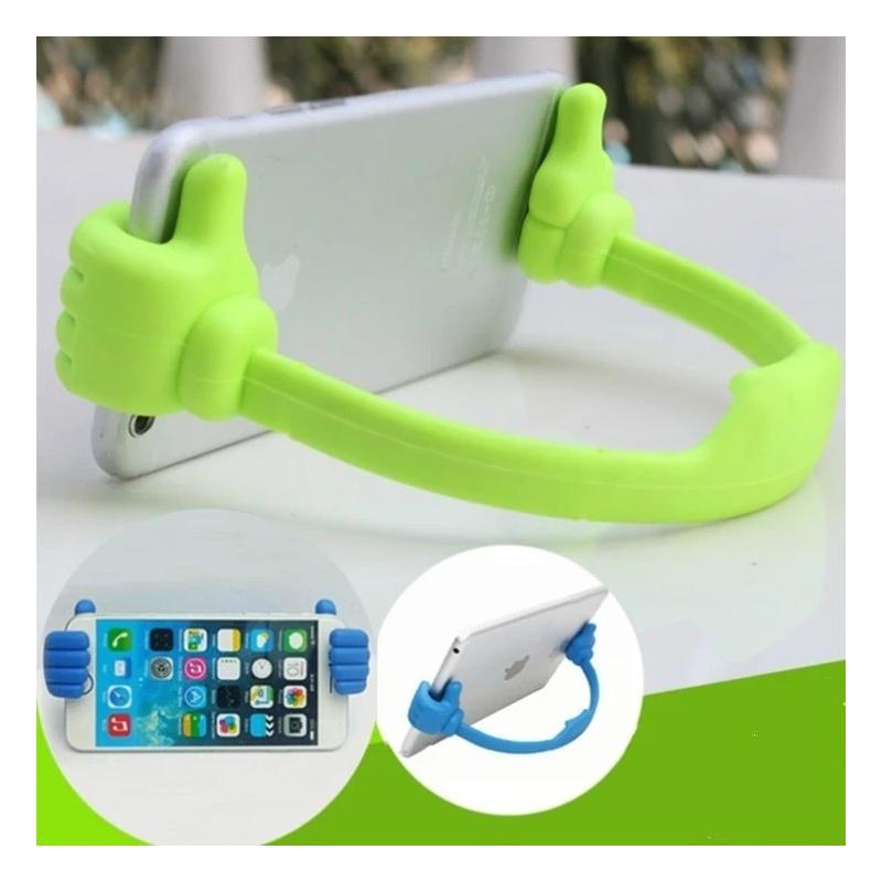 Black hand shape phone holder supporting a smartphone on a desk. Main image