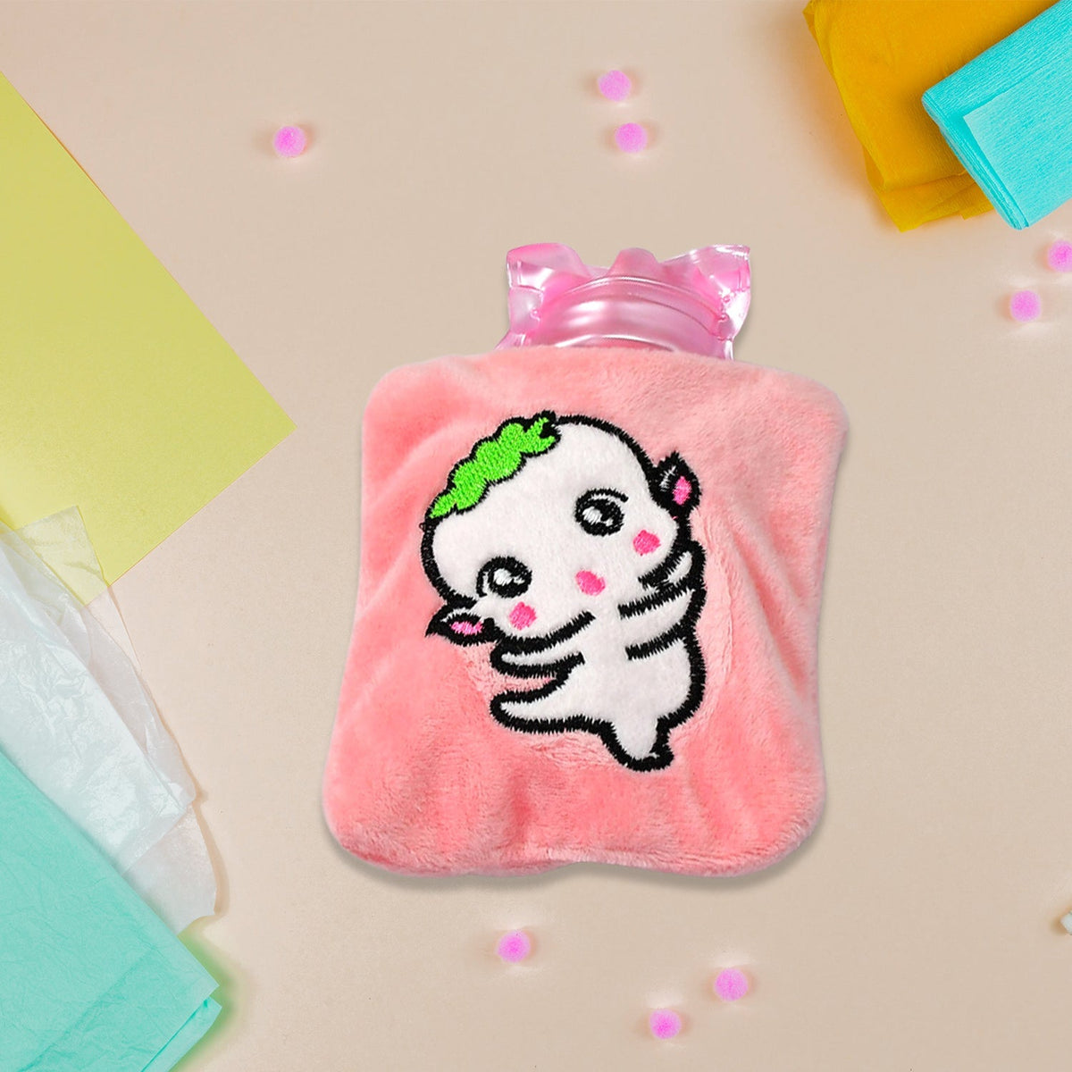 Pink Hot Water Bag with a soft cartoon cover, front view. Main image