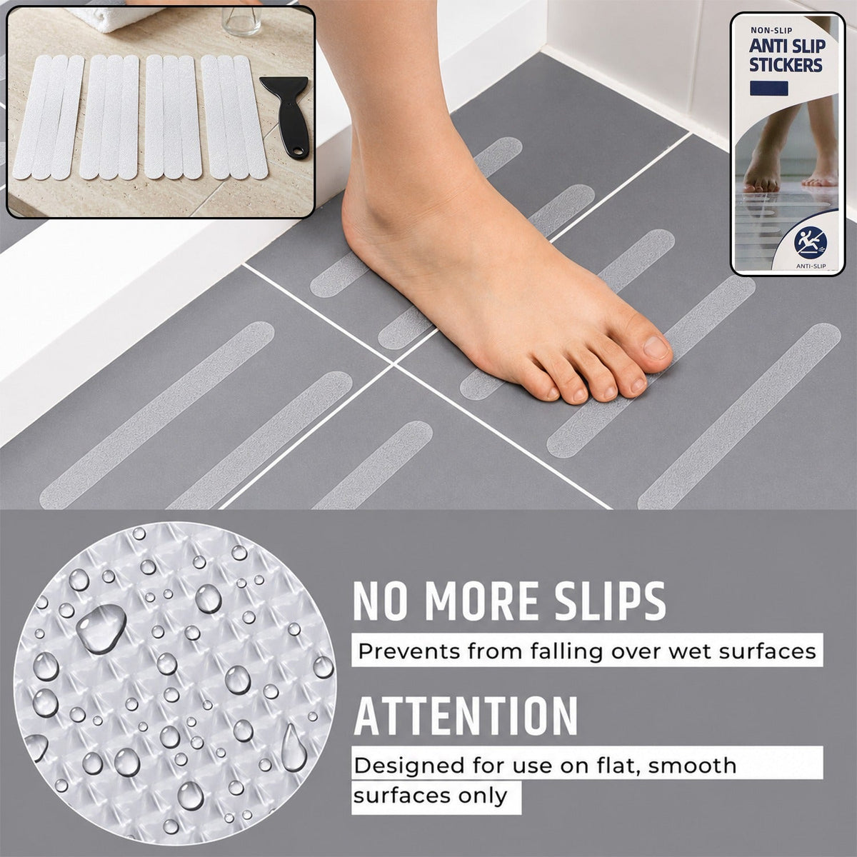 Transparent anti slip bath strips with scraper for safe, non slip bathing Main image