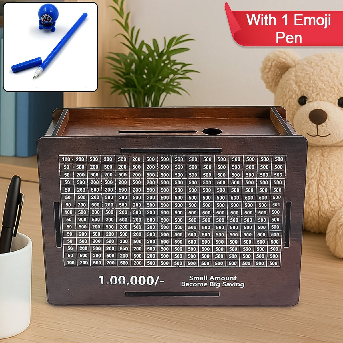 Wooden piggy bank with savings goal of 1,00,000 Rupees and included Emoji Pan Main image
