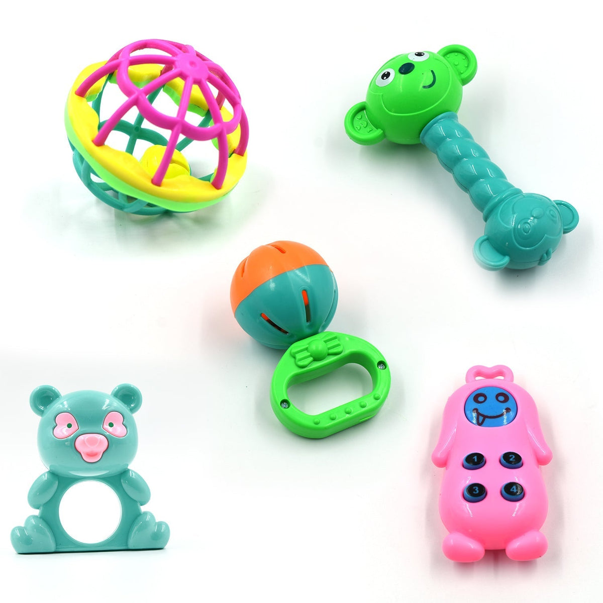 Set of 5 colorful rattles baby toy pieces for infants. Main image