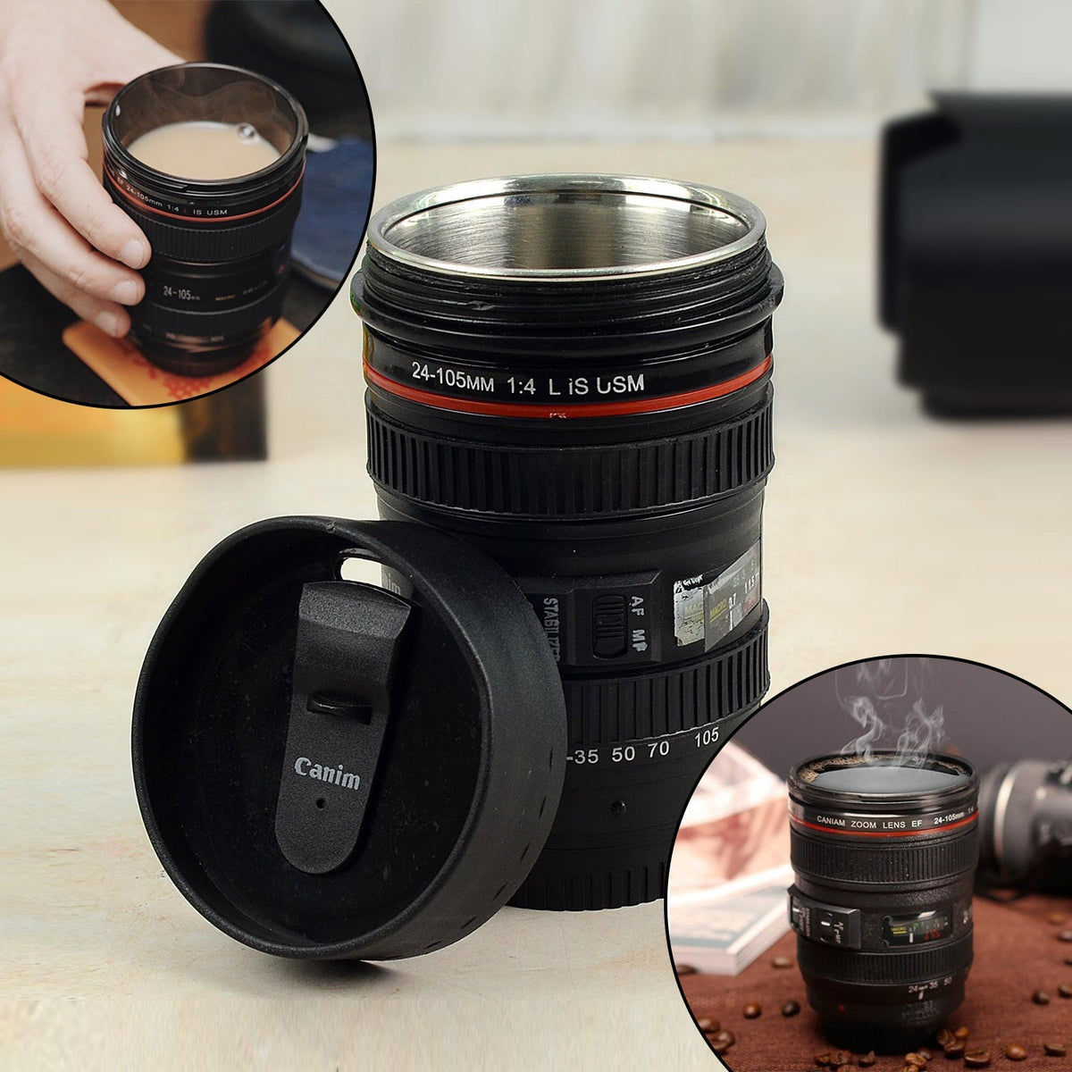 Realistic camera lens coffee mug with a black plastic exterior and silver accents. Main image