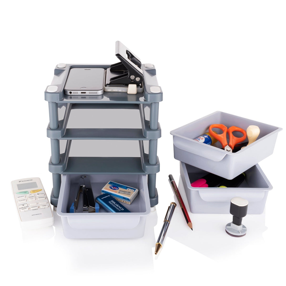 Compact 3-layer makeup organizer drawer for cosmetics on a vanity. Main image