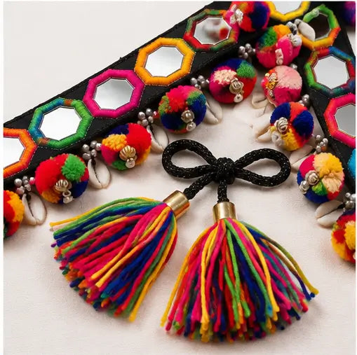 Navratri Designer Mirror Work Kamarband – Handmade Multicolor Embroidered Waist Belt with Pom-Poms & Tassels