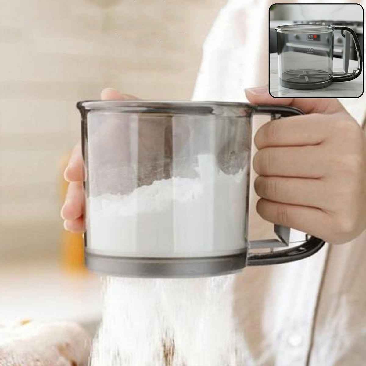 Plastic flour sieve cup with fine mesh filter for kitchen baking Main image