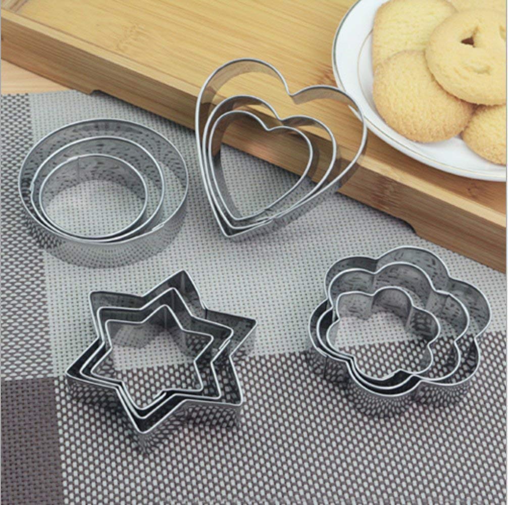 A 12-piece stainless steel cookie cutter set featuring heart, star, round, and flower shapes. Main image
