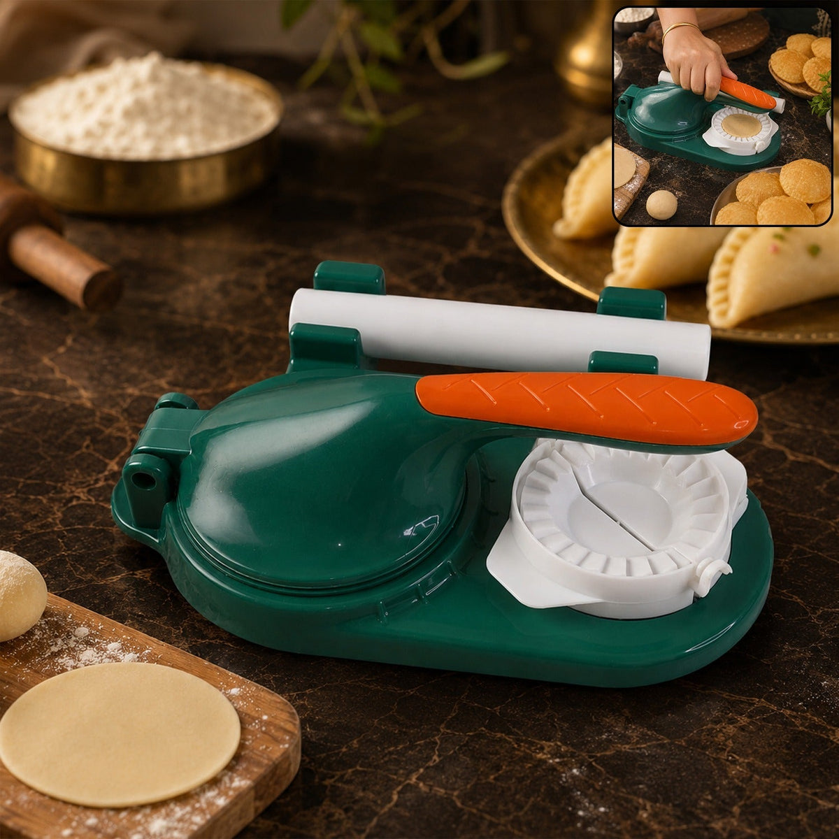 Mini puri & dumpling press in white plastic with ergonomic handle Main image
