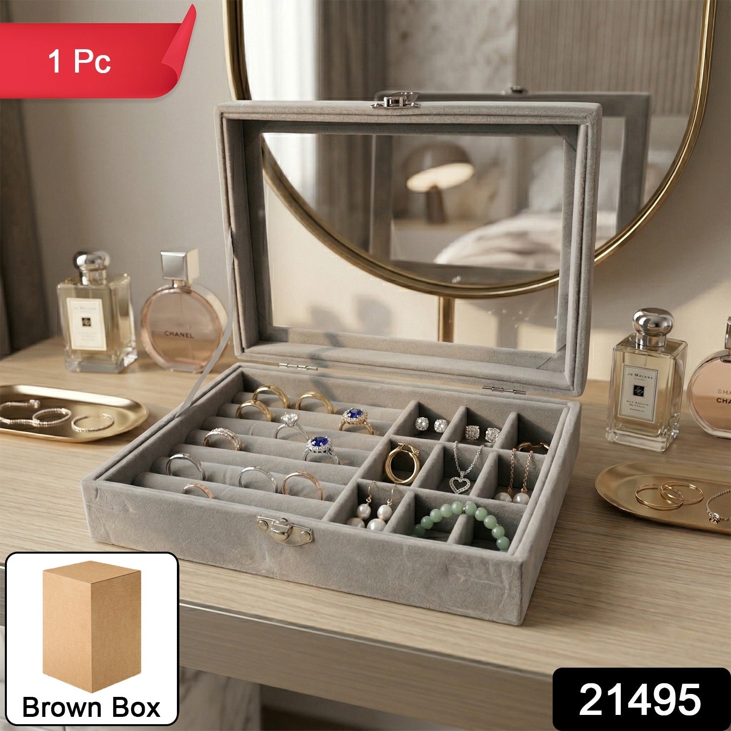 Velvet Jewellery Organizer Box – Transparent Lid & Multi-Compartment Storage Secondary image