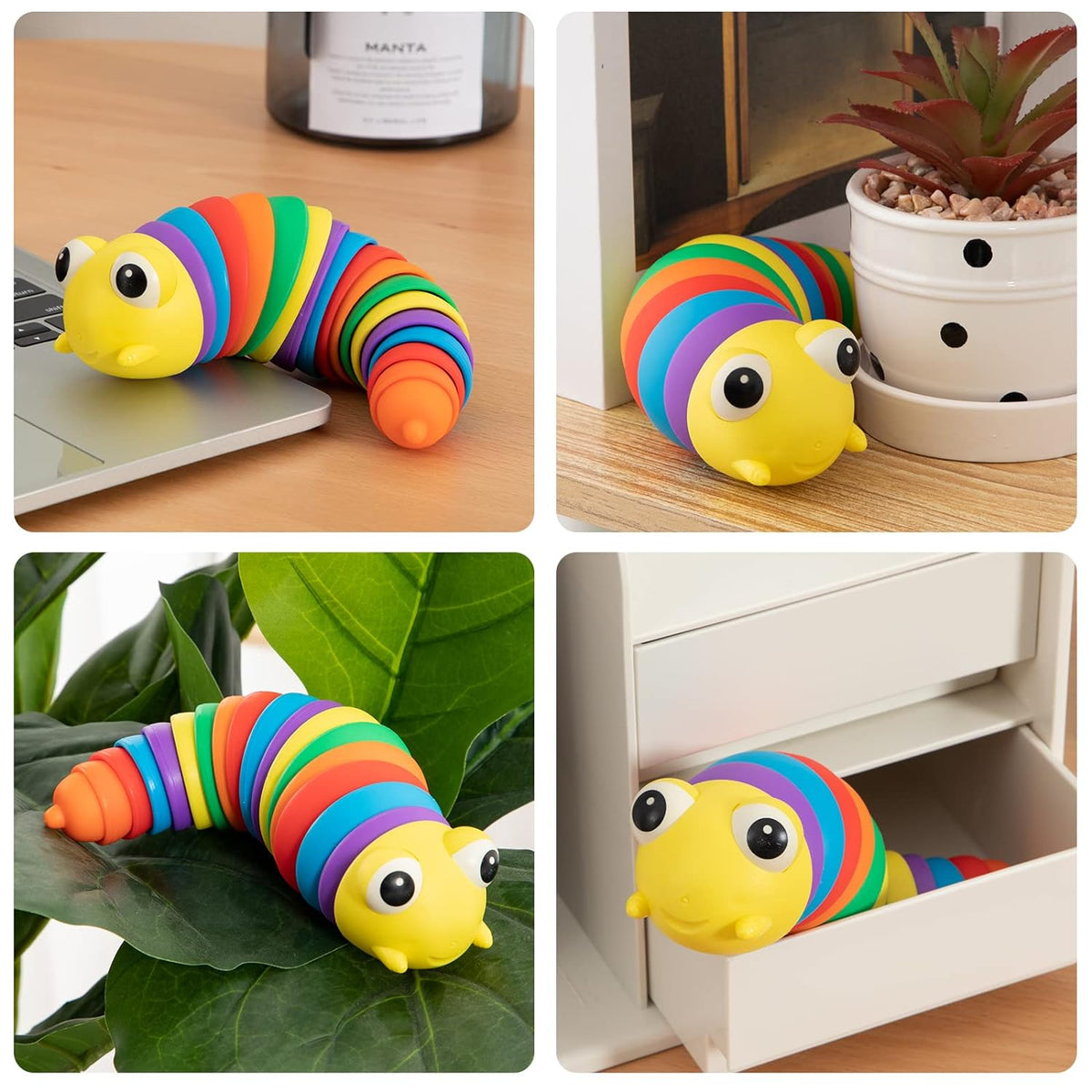 Vibrantly colored 3D rainbow plastic slug fidget toy twisting playfully on a surface. Main image