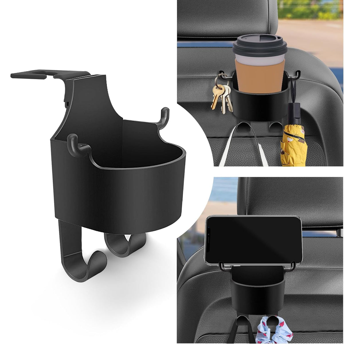 Car headrest organizer showing 3-in-1 cupholder, phone holder, and hooks attached to backseat headrest Main image
