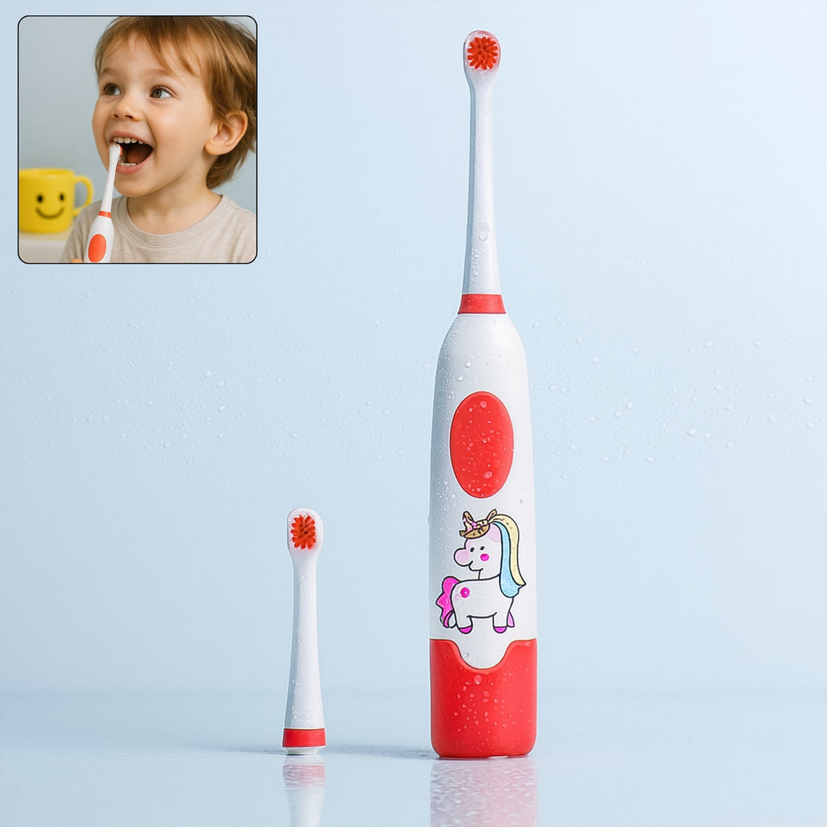 Close-up of the portable electric toothbrush with an extra brush head and batteries. Main image