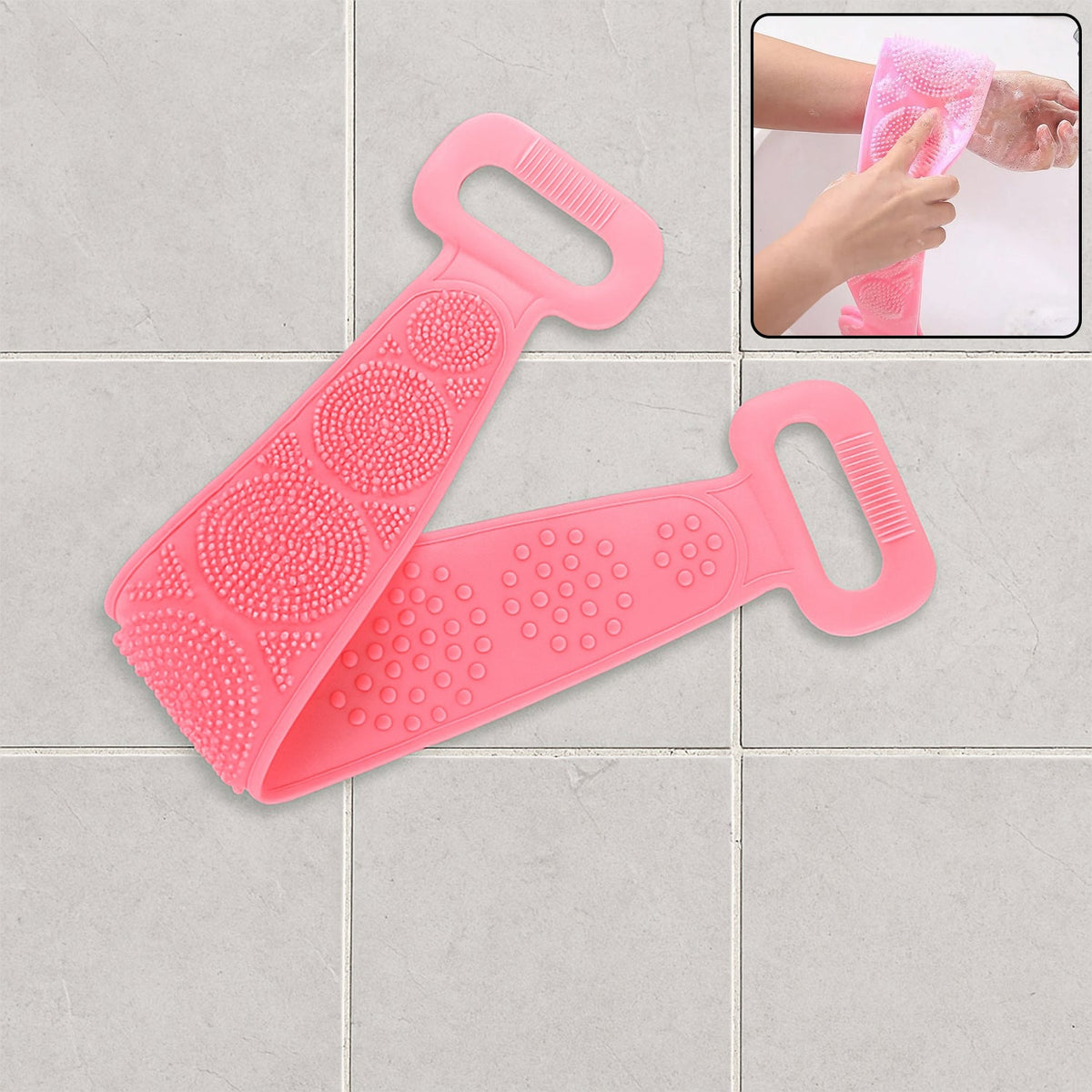 Eco-friendly silicone back scrubber and shower brush in a bathroom setting. Main image