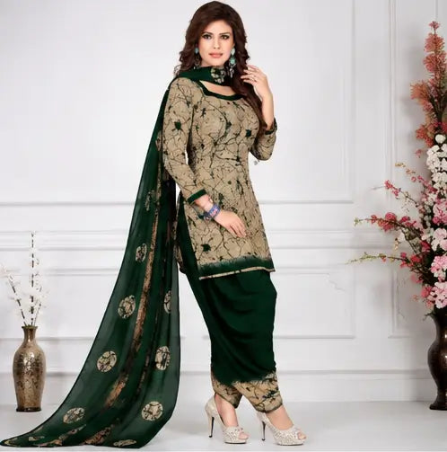 Women's French Crepe Printed Designer Suit Dress Material with Nazneen Dupatta – Unstitched 3-Piece Set