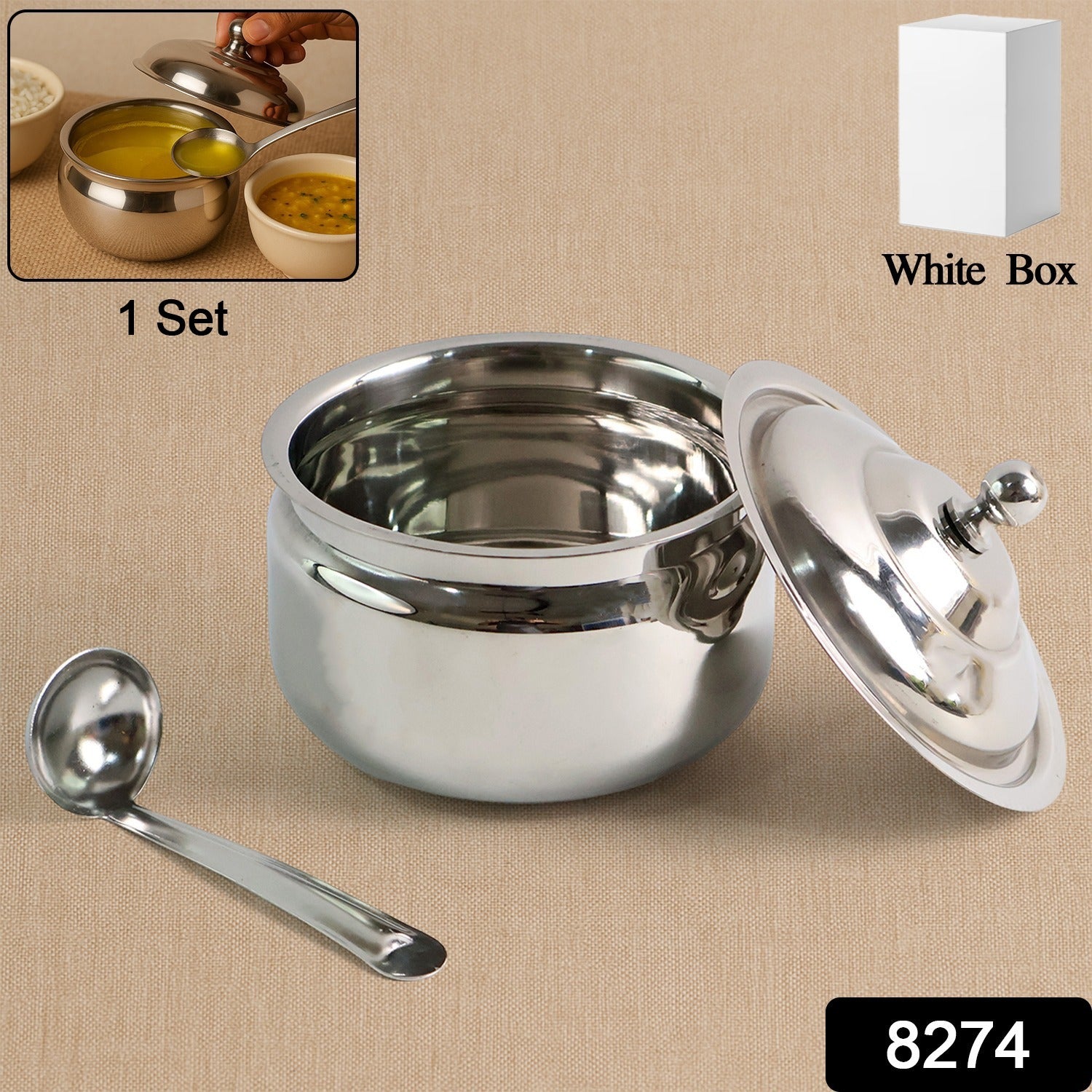 Stainless Steel Ghee Pot with Lid & Spoon – Mirror Finish Secondary image